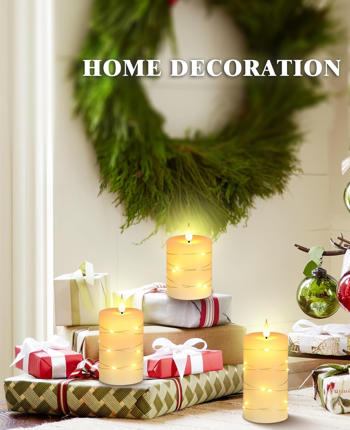 Flameless Candles with String Lights,Battery Operated Candles,Led Flickering Candles with Remote Control and Timer, Real Wax, 3 Pack-Ivory White