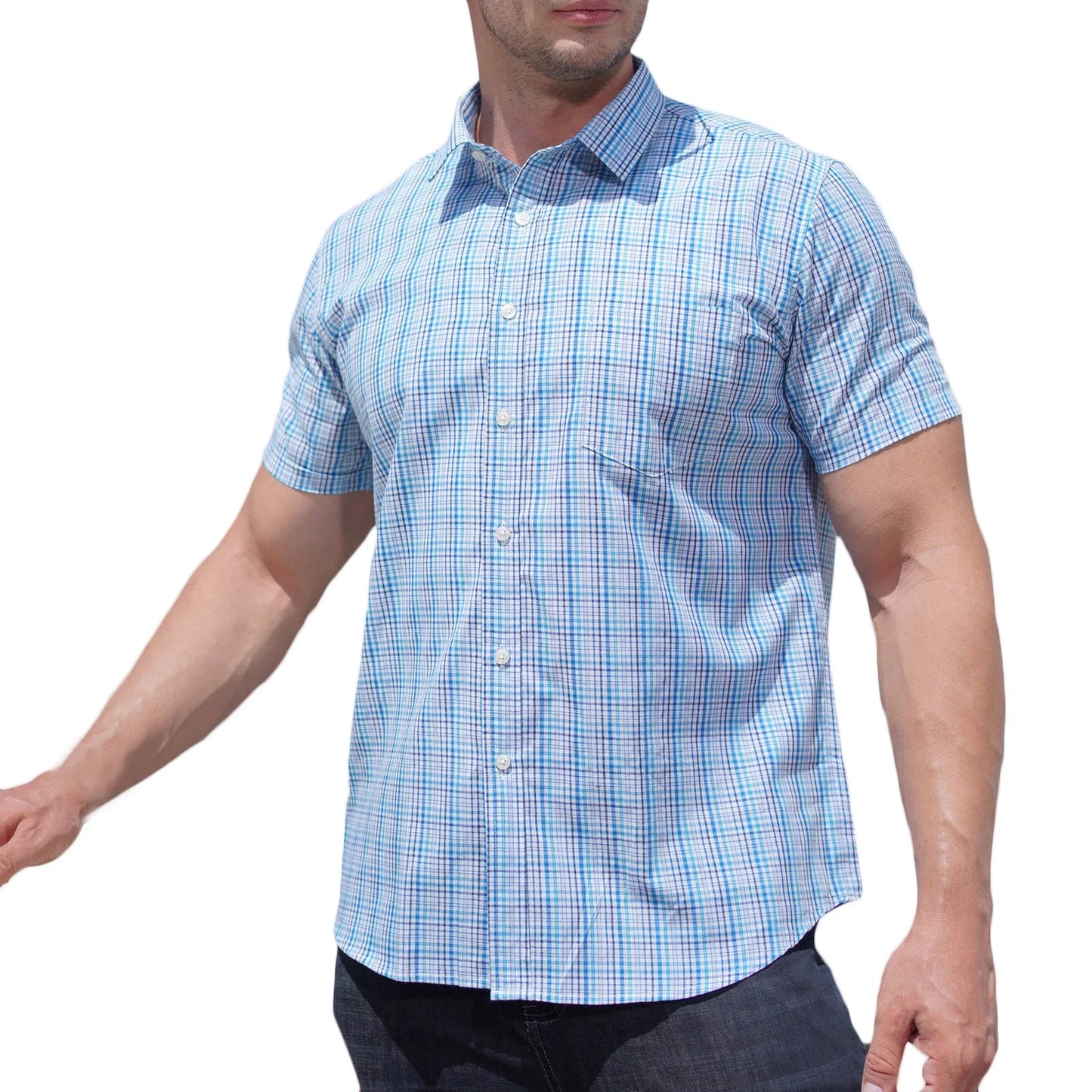Mens Dress Shirts Mens Business T-Shirts Men'S Plaid Cotton Shirt Buttoned Lapel Collar Short Sleeve Shirt Top with Pockets(Big & Tall Size)S-6Xl