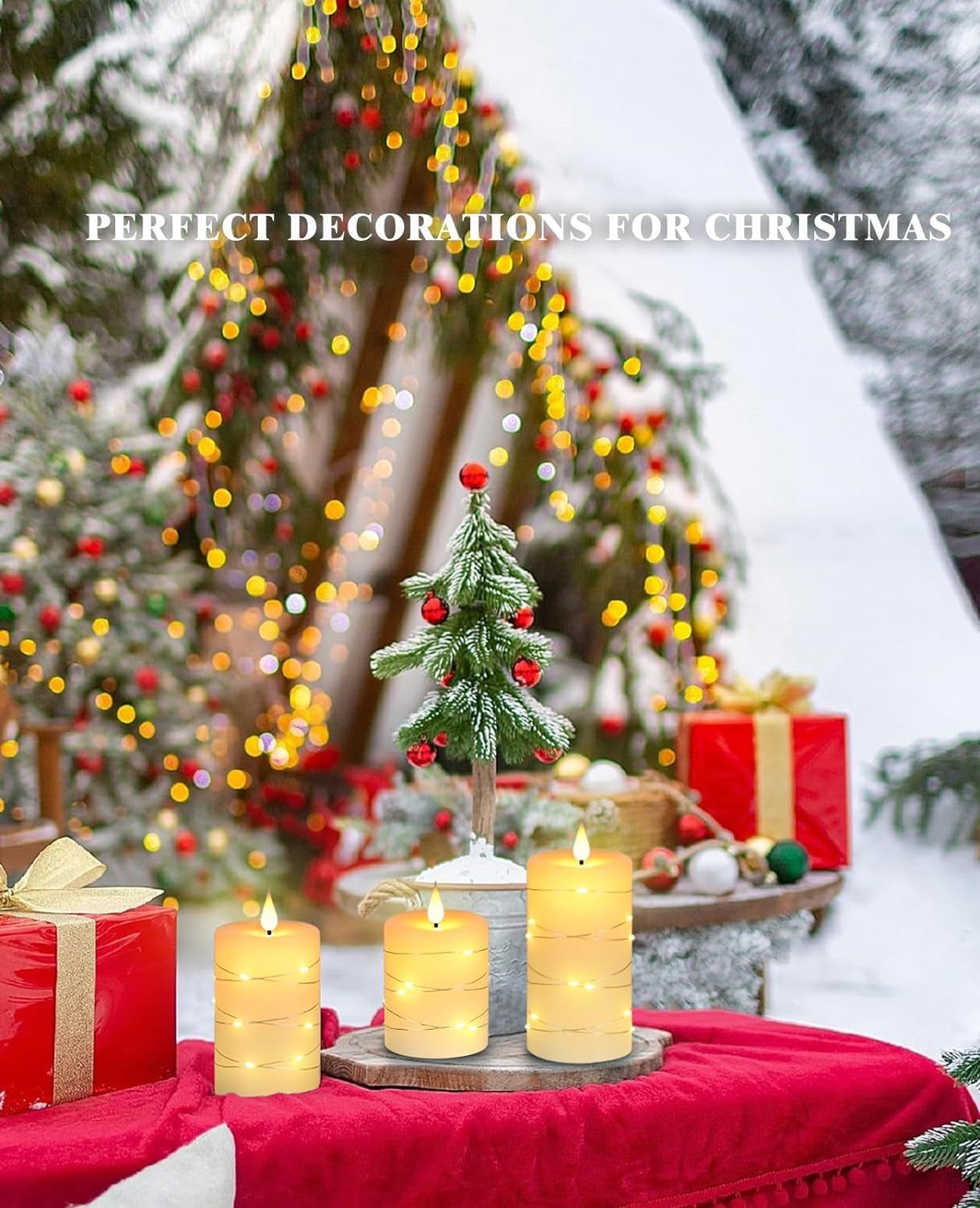 Flameless Candles with String Lights,Battery Operated Candles,Led Flickering Candles with Remote Control and Timer, Real Wax, 3 Pack-Ivory White