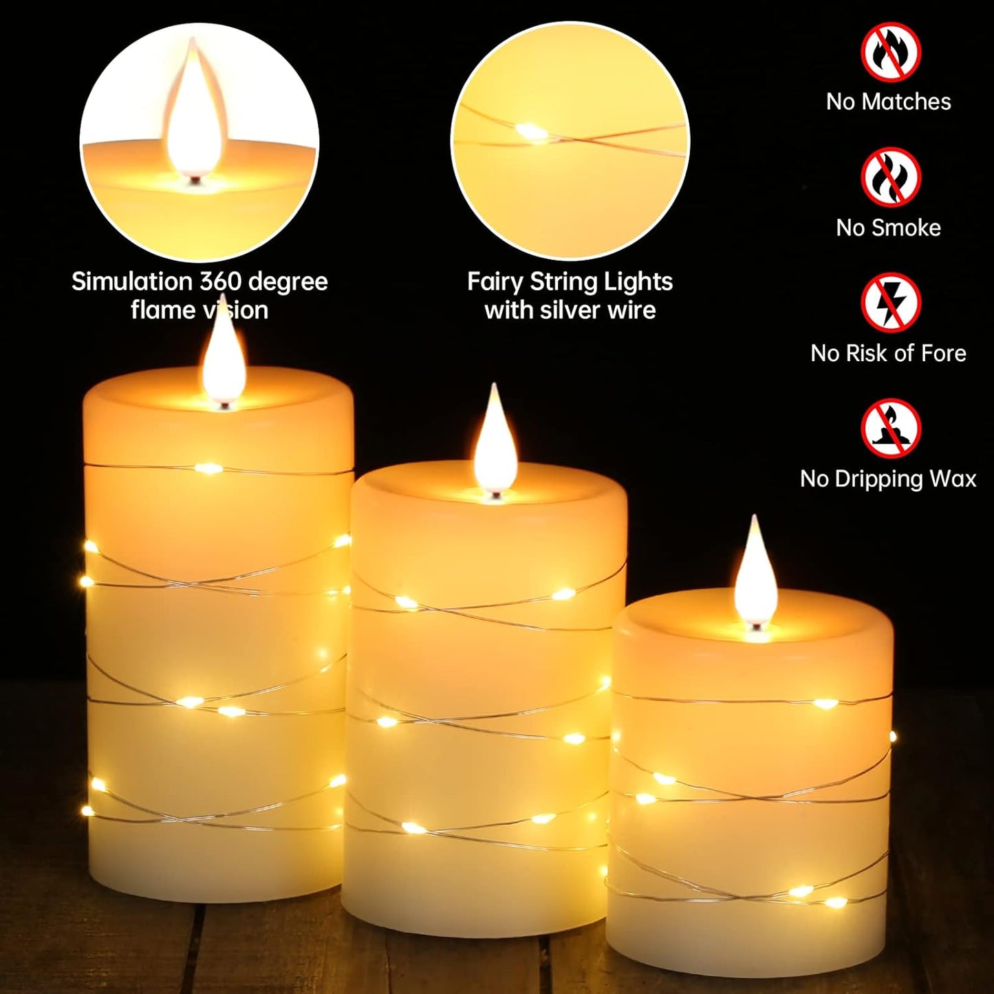 Flameless Candles with String Lights,Battery Operated Candles,Led Flickering Candles with Remote Control and Timer, Real Wax, 3 Pack-Ivory White