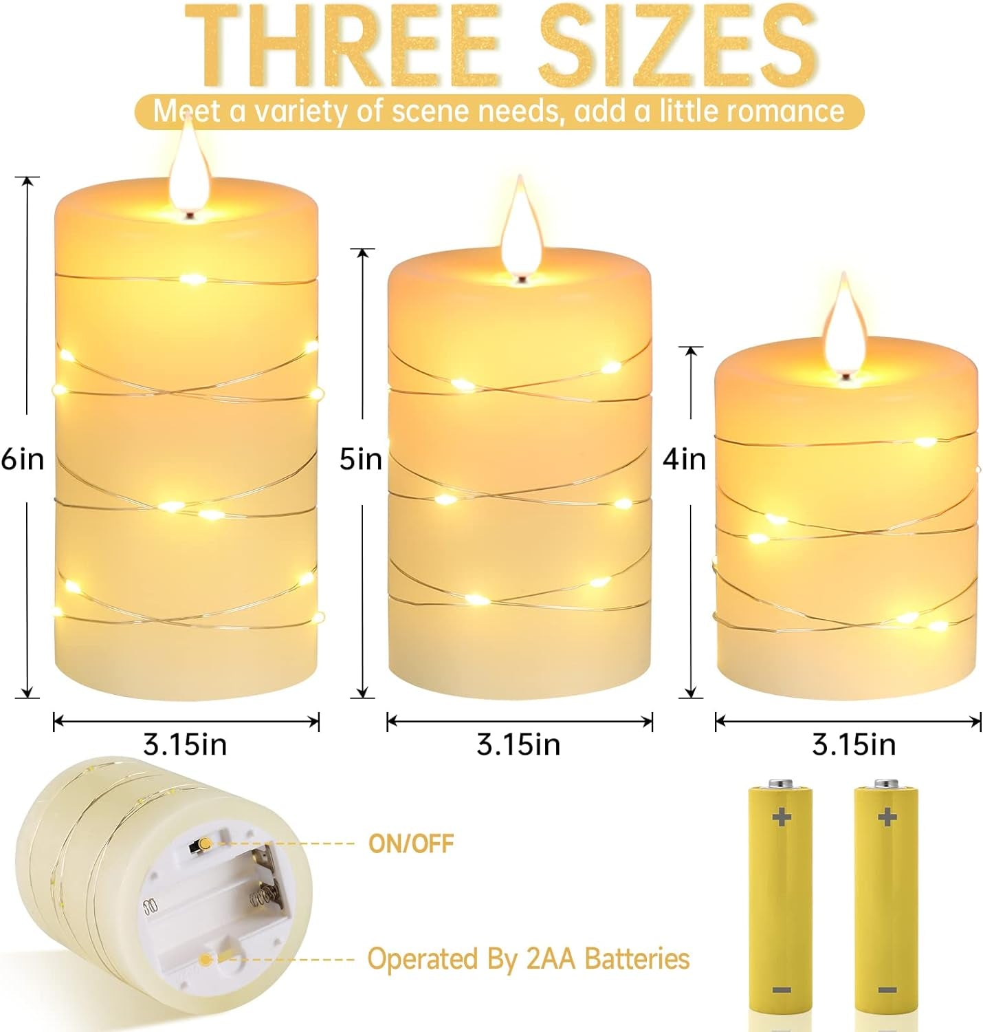 Flameless Candles with String Lights,Battery Operated Candles,Led Flickering Candles with Remote Control and Timer, Real Wax, 3 Pack-Ivory White