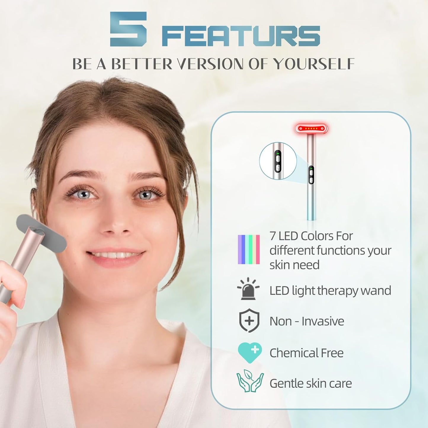 Led-Face-Wand,7 in 1 LED Light Therapy Facial Red & Blue Rejuvenation Tool