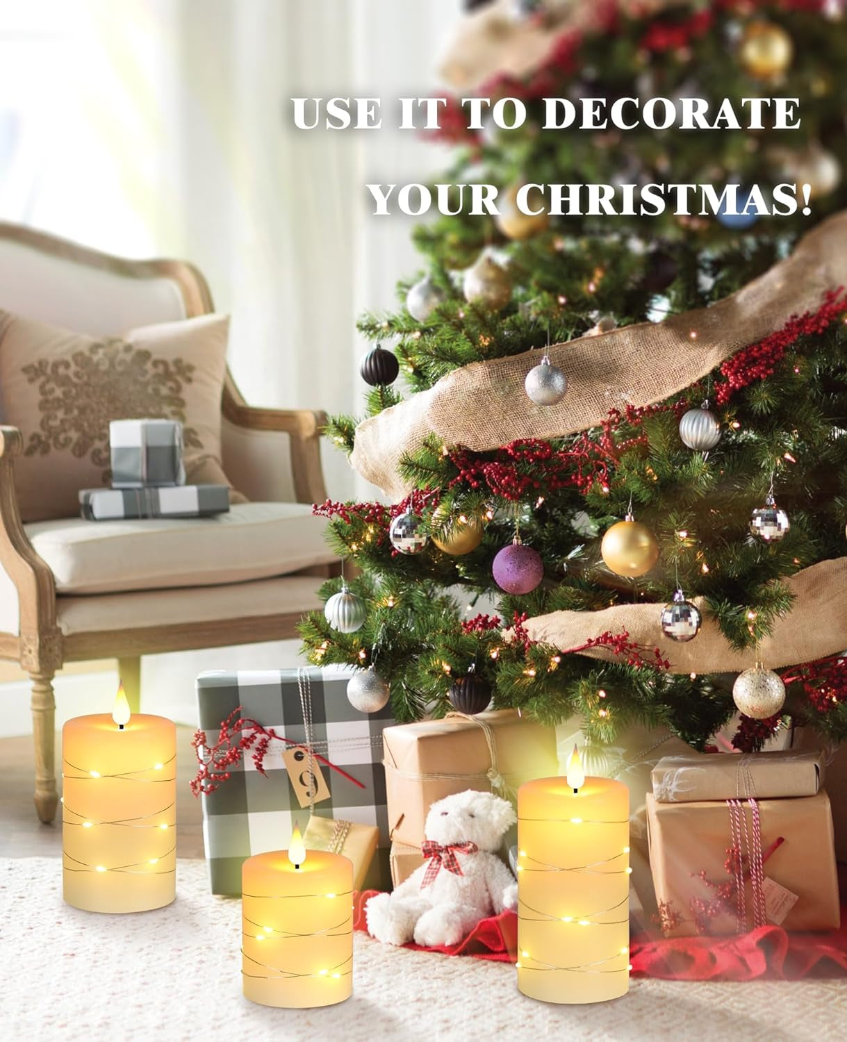 Flameless Candles with String Lights,Battery Operated Candles,Led Flickering Candles with Remote Control and Timer, Real Wax, 3 Pack-Ivory White