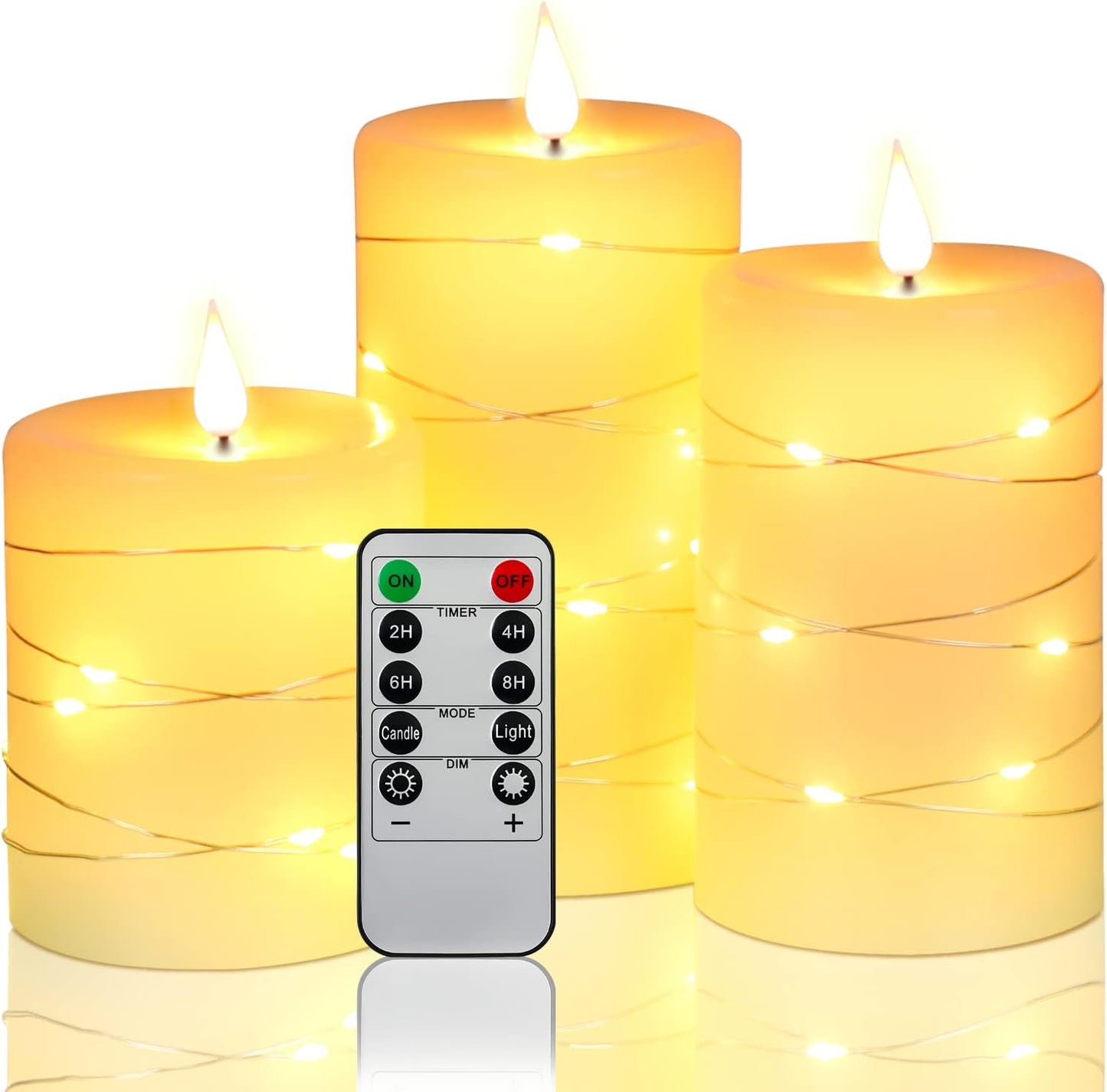 Flameless Candles with String Lights,Battery Operated Candles,Led Flickering Candles with Remote Control and Timer, Real Wax, 3 Pack-Ivory White