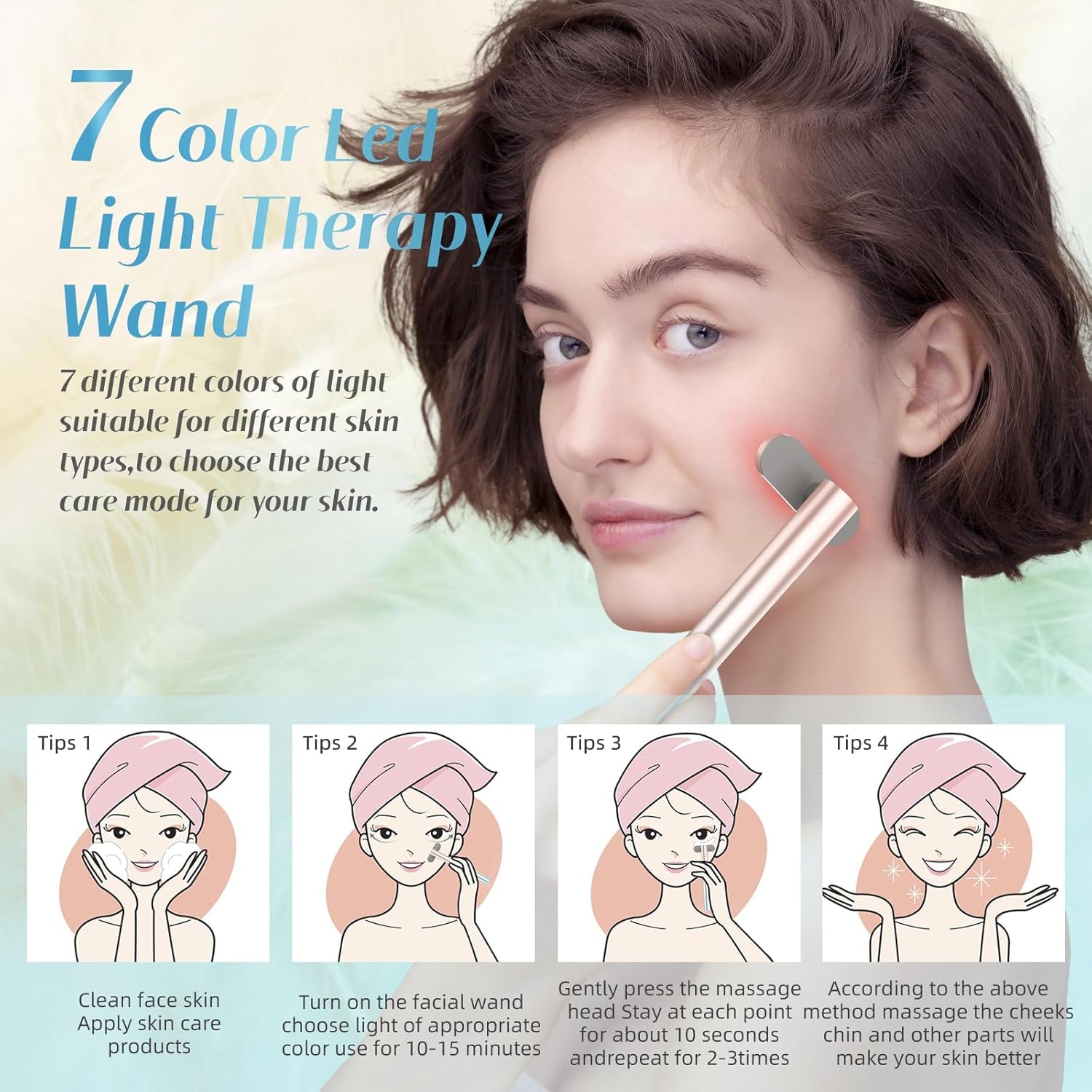 Led-Face-Wand，7 in 1 LED Light Therapy Facial Red & Blue Rejuvenation Tool