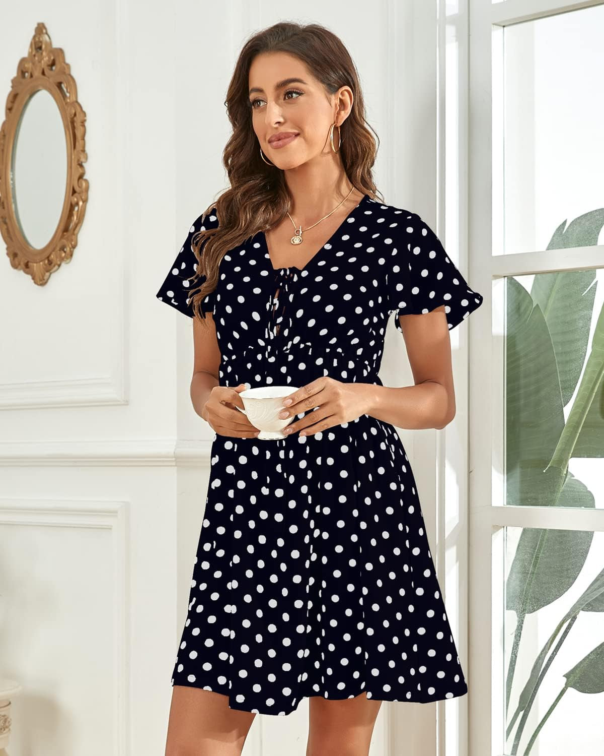 Women'S Summer Casual Mini Dresses Polka Dot Print Tie Neck Short Sleeve High Waist Button down Dress with Pockets