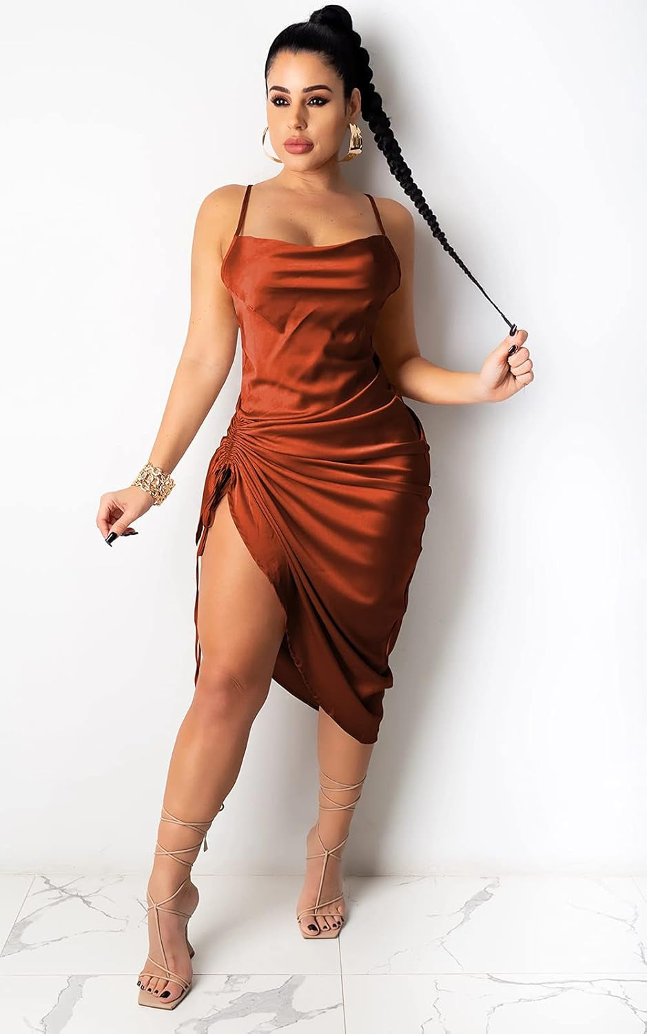 Women'S Summer Sexy Ruched Midi Adjustable Spaghetti Strap Bodycon Drawstring Side Slit Slip Party Clubwear Dress, A-Copper, Small