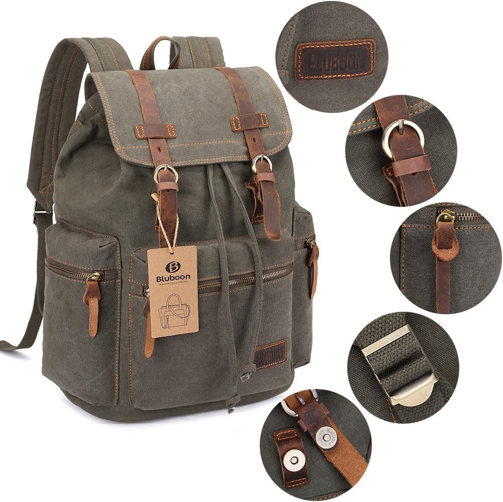 Vintage Backpack Leather Trim Casual Bookbag Men Women Laptop Travel Rucksack