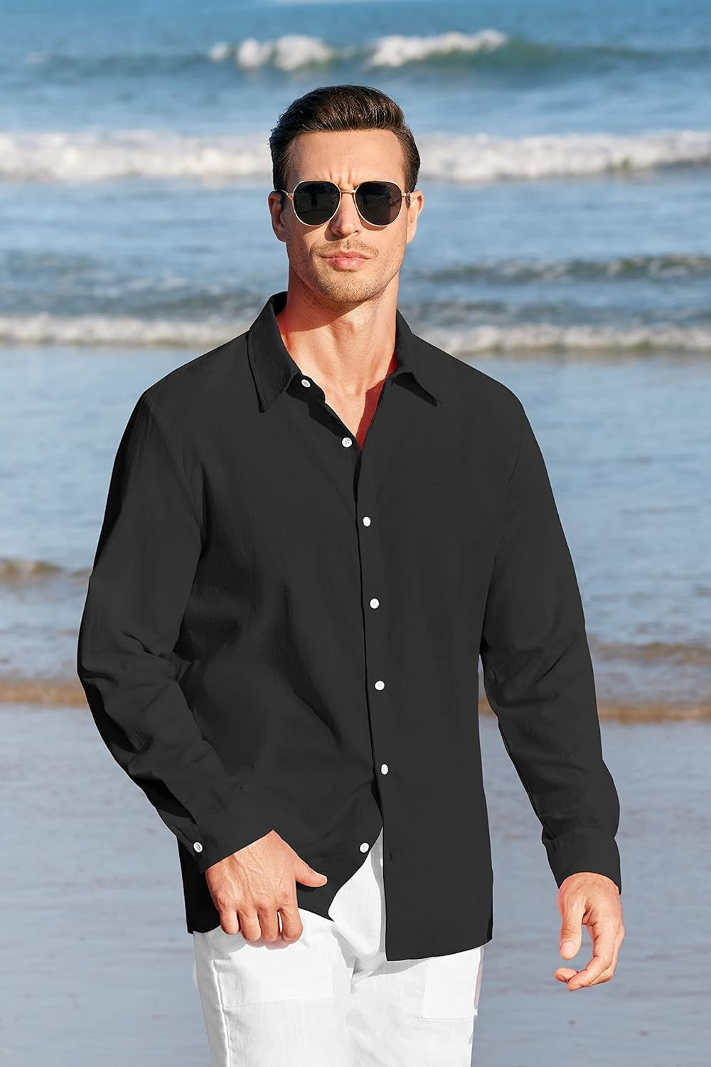 Mens Button up Shirts Long Sleeve Linen Beach Casual Cotton Summer Lightweight Tops