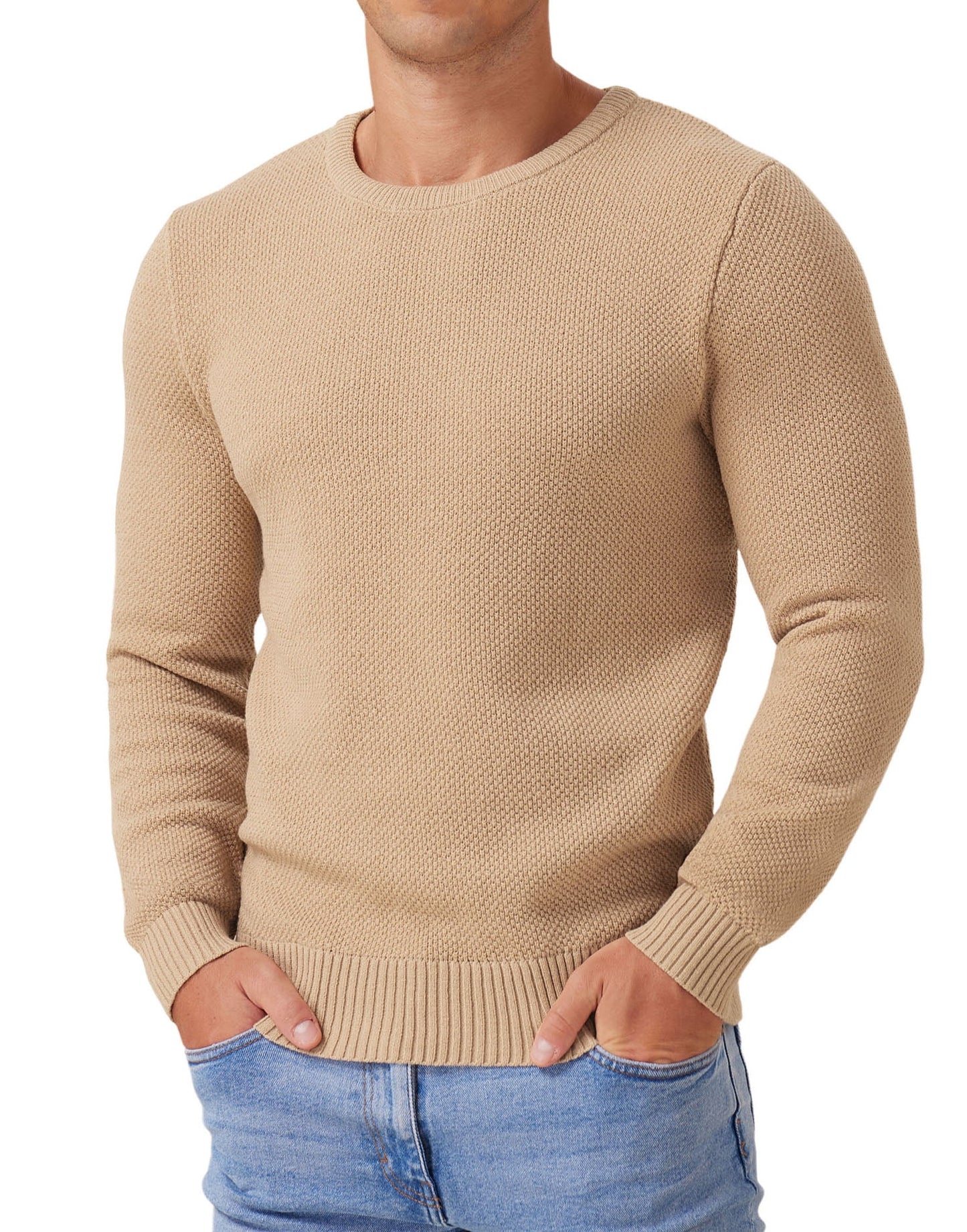 Mens Pullover Sweater Soft Lightweight Casual Classic Crewneck Knitwear Sweaters with Ribbing Edge Light Camel-Xxl