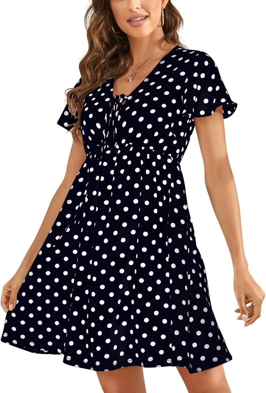 Women'S Summer Casual Mini Dresses Polka Dot Print Tie Neck Short Sleeve High Waist Button down Dress with Pockets