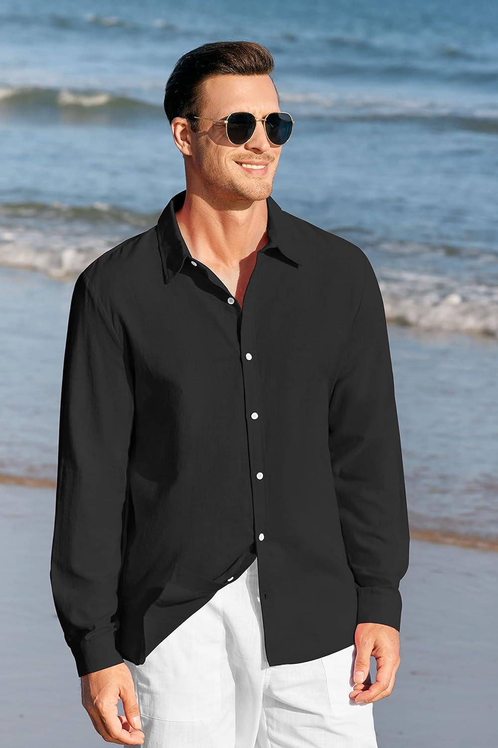 Mens Button up Shirts Long Sleeve Linen Beach Casual Cotton Summer Lightweight Tops