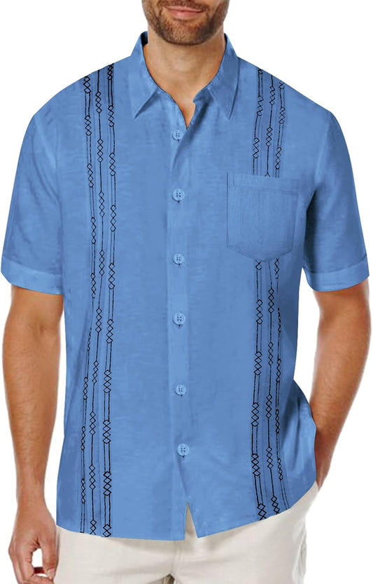 Mens Cotton Linen Cuban Guayabera Shirt Casual Short Sleeve Button down Shirts Summer Beach Tops