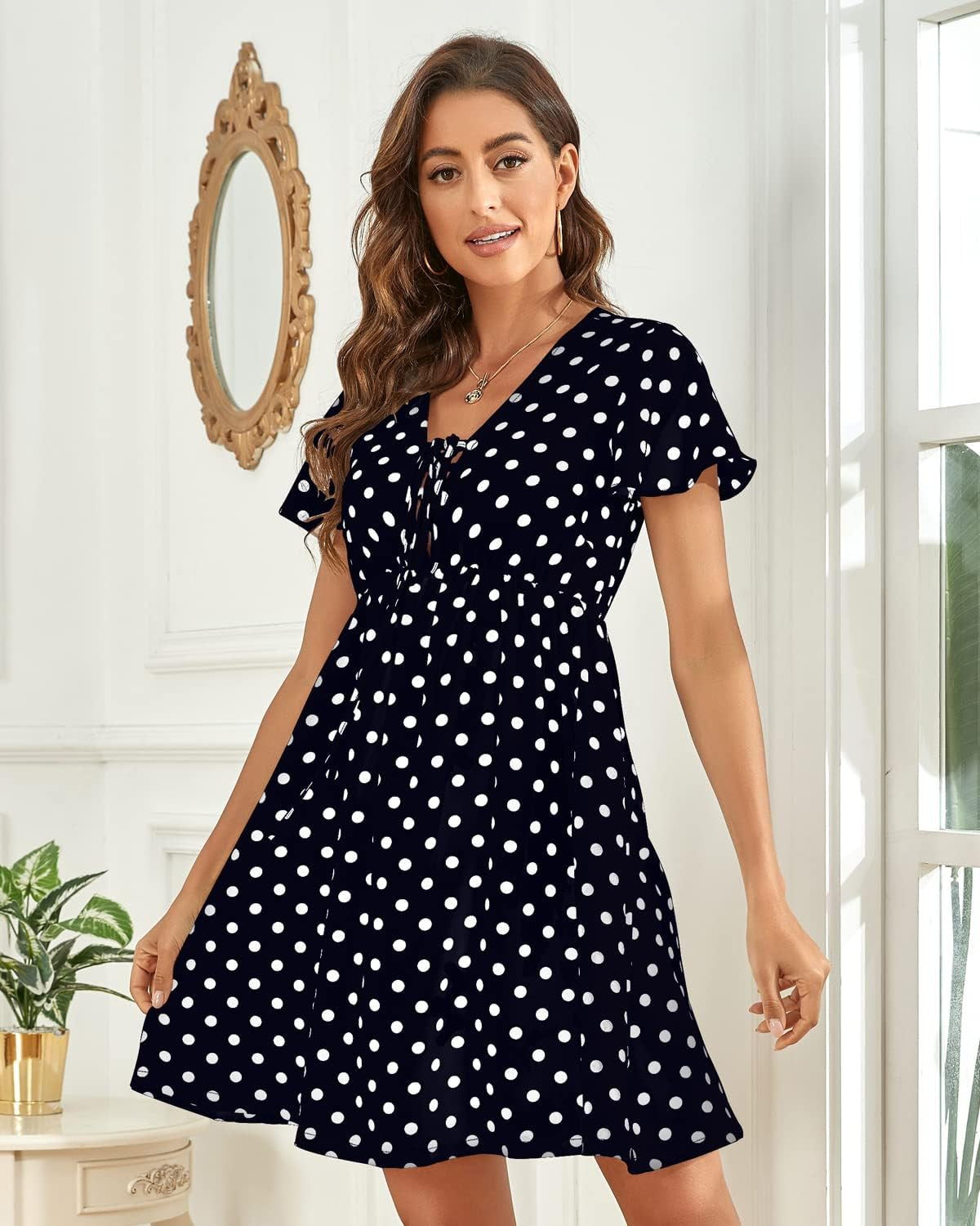 Women'S Summer Casual Mini Dresses Polka Dot Print Tie Neck Short Sleeve High Waist Button down Dress with Pockets