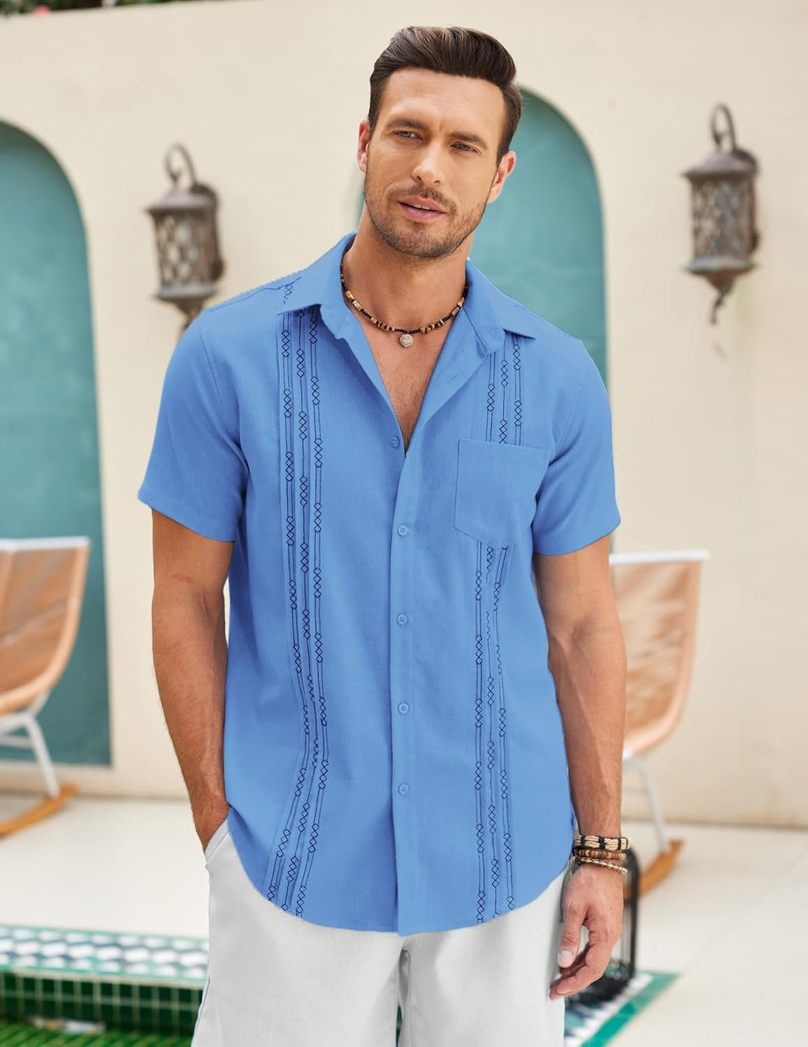 Mens Cotton Linen Cuban Guayabera Shirt Casual Short Sleeve Button down Shirts Summer Beach Tops