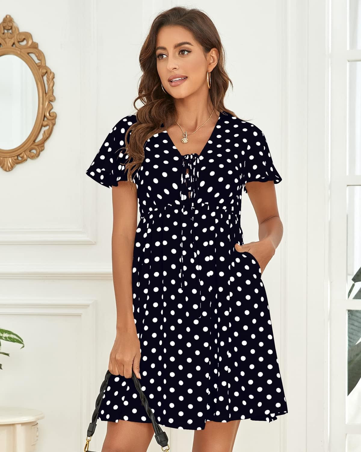 Women'S Summer Casual Mini Dresses Polka Dot Print Tie Neck Short Sleeve High Waist Button down Dress with Pockets