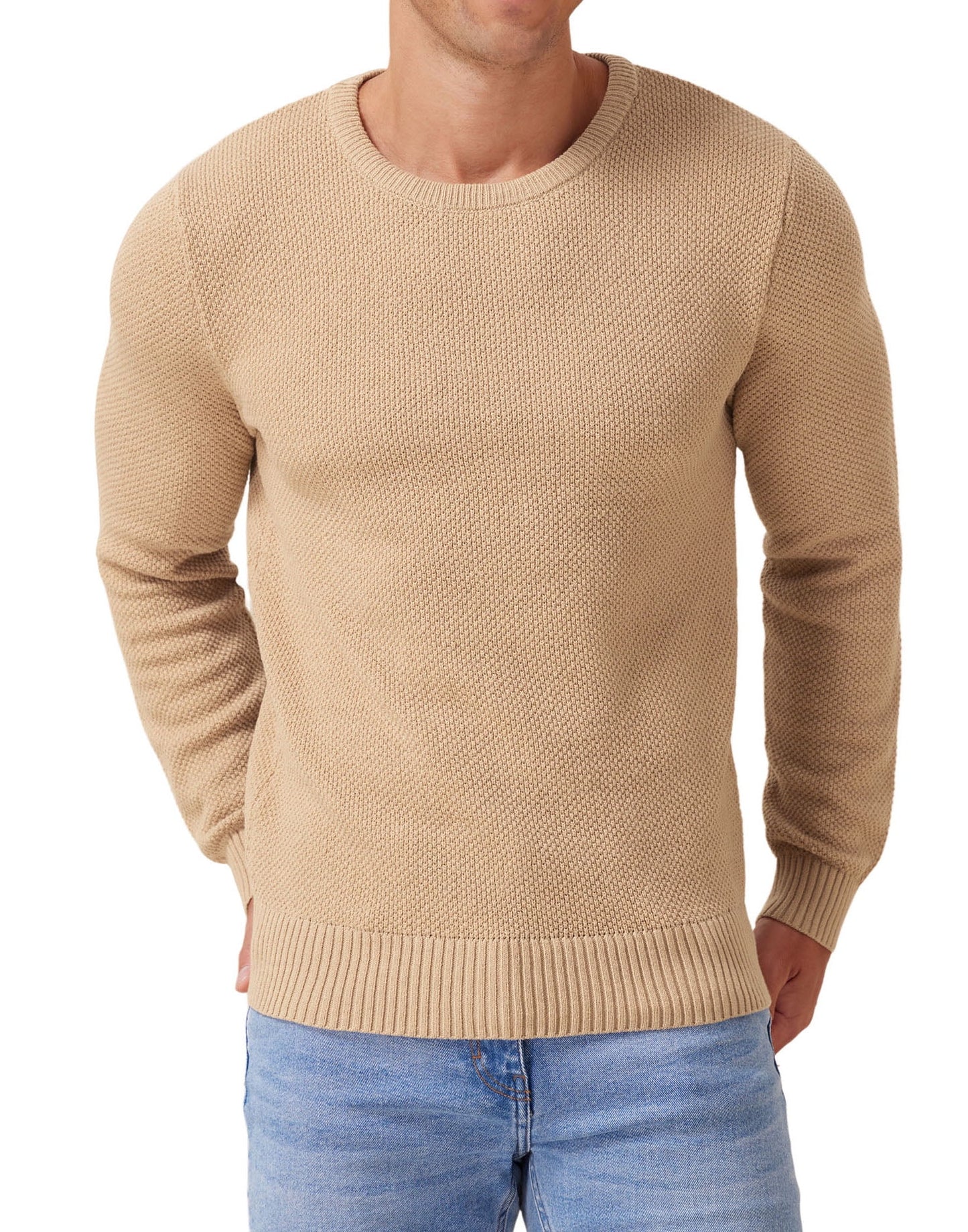 Mens Pullover Sweater Soft Lightweight Casual Classic Crewneck Knitwear Sweaters with Ribbing Edge Light Camel-Xxl