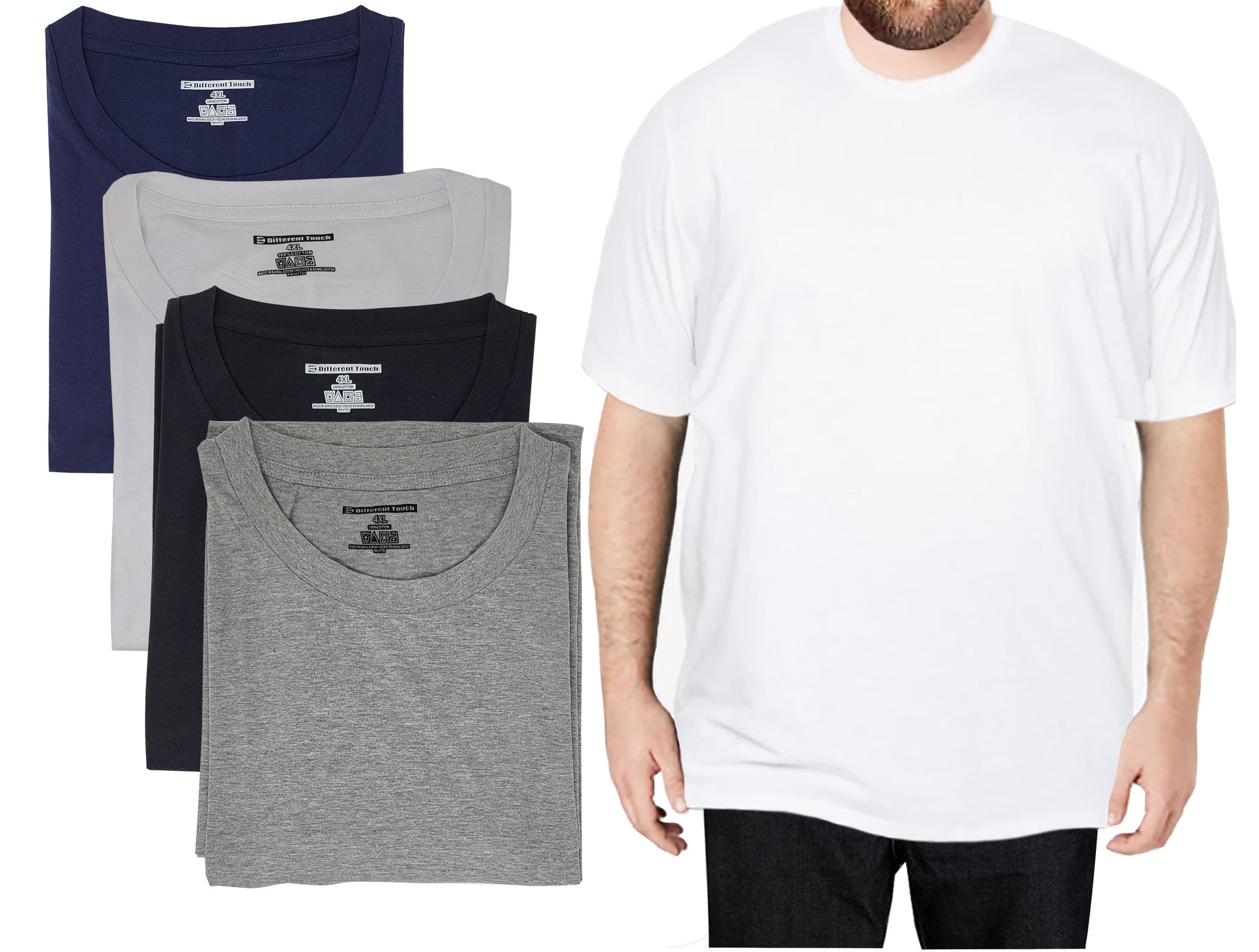 4 Pack Men Big and Tall 100% Cotton Crew Neck Short Sleeve T-Shirts