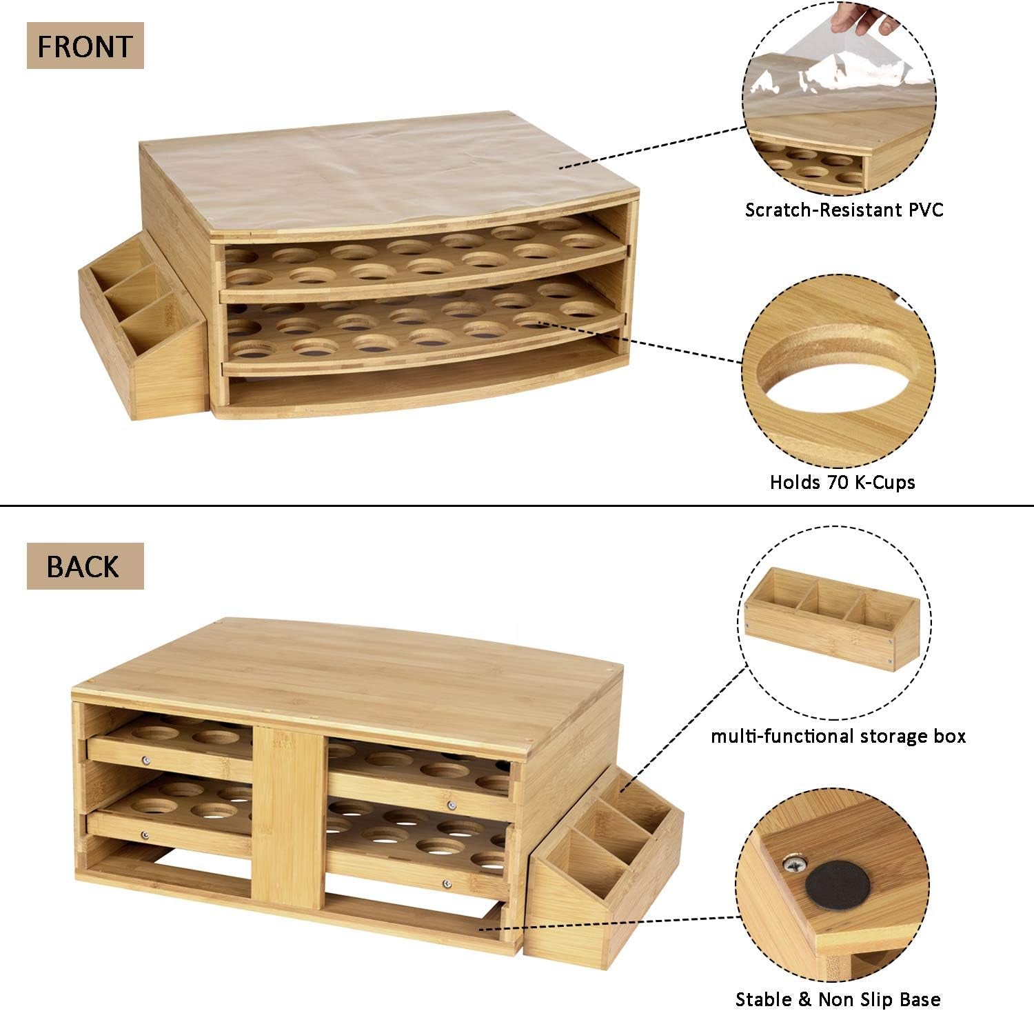 70 Capacity 2-Tier Bamboo Coffee Pod Holder Storage Organizer with Drawer for K-Cups Pods,Coffee K-Cups Pods Organizer for Coffee Station