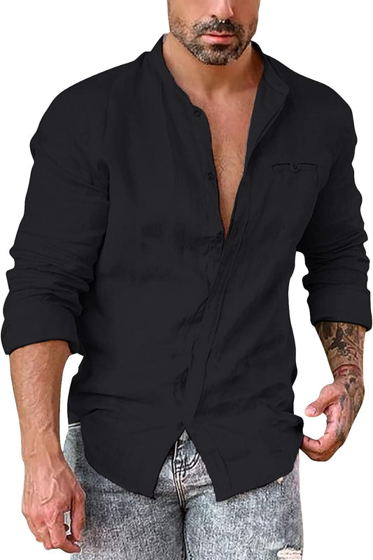 Mens Linen Casual Button down Shirts Long Sleeve Summer Dress Shirt Mandarin Collar Beach Yoga Tops with Pocket Black