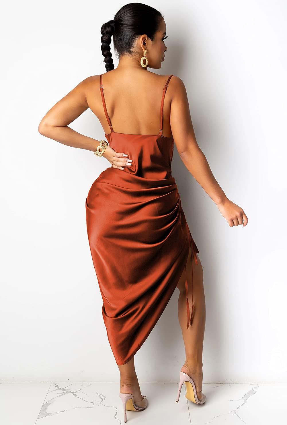 Women'S Summer Sexy Ruched Midi Adjustable Spaghetti Strap Bodycon Drawstring Side Slit Slip Party Clubwear Dress, A-Copper, Small