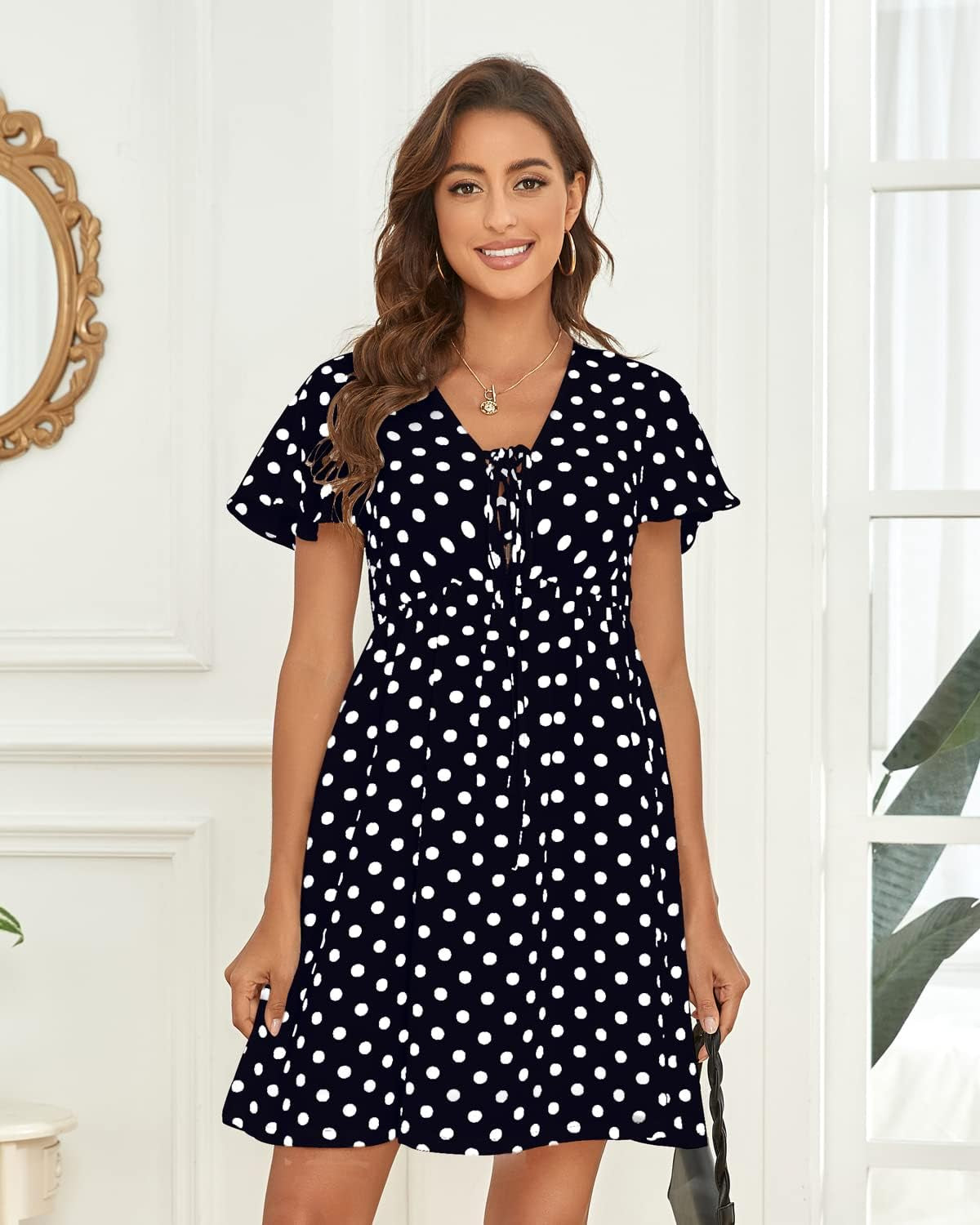 Women'S Summer Casual Mini Dresses Polka Dot Print Tie Neck Short Sleeve High Waist Button down Dress with Pockets